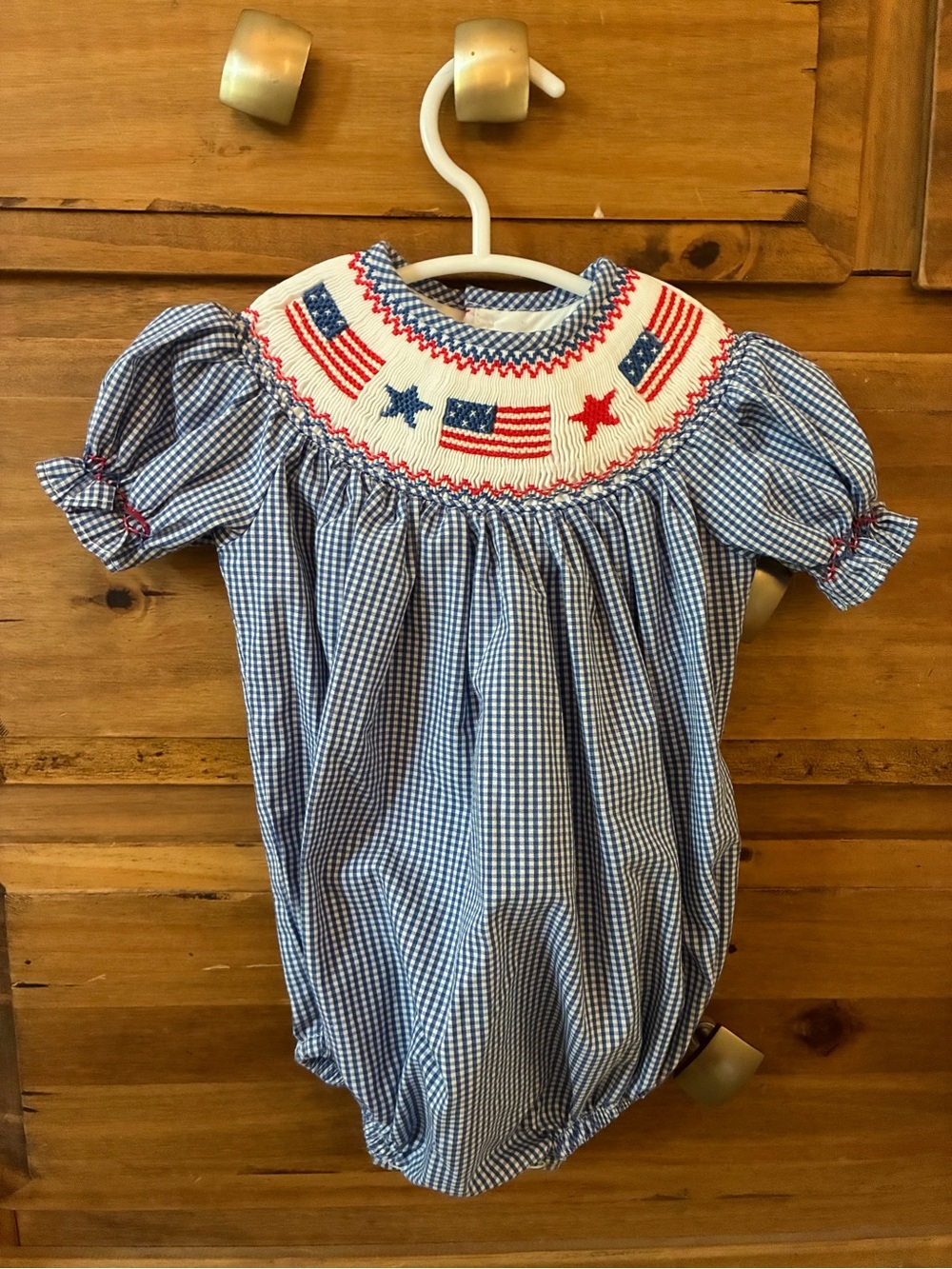 Smocked Patriotic Blue Gingham Baby One-Piece